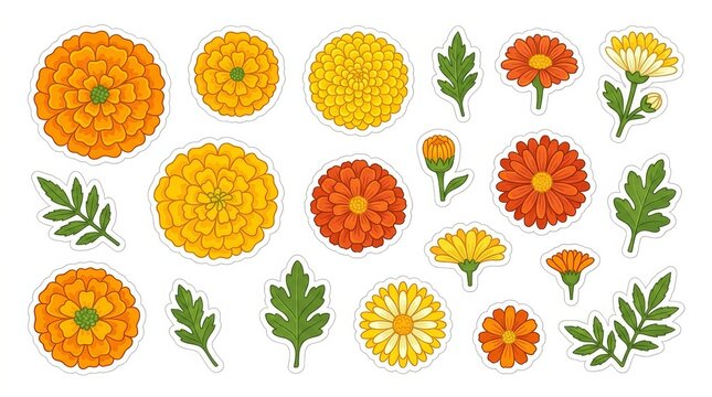 Set of marigold and calendula flower stickers isolated on white