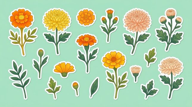 Marigold and Chrysanthemum Flower Illustration Sticker Set
