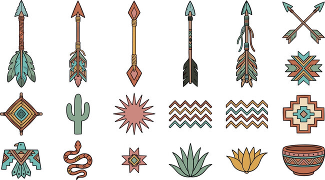 Boho southwestern tribal arrow element vector icon set indigenous native american pattern cactus eagle snake pottery geometric illustration template.