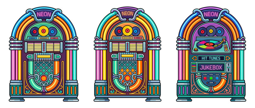 Retro Pixel Art Jukeboxes Displayed in a Row