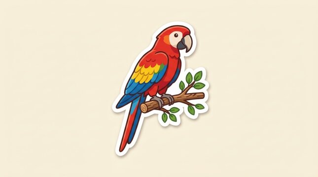Colorful Scarlet Macaw Parrot Sticker Illustration on Branch