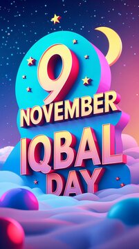 9 november iqbal day 3d typography design with stars and moon background