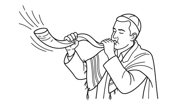 Jewish man blowing a shofar ram's horn.