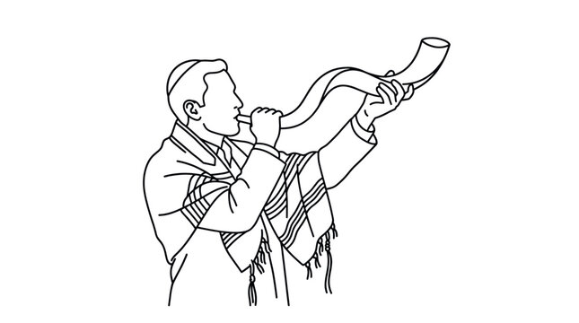 Jewish man blowing ram horn shofar during religious holiday.
