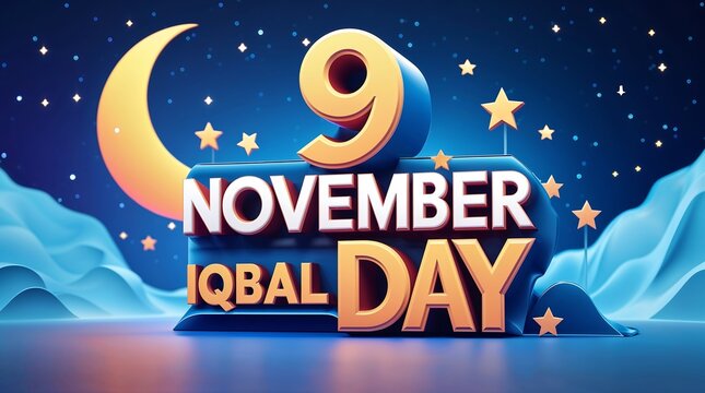 Iqbal day celebration 9 november with crescent moon and stars background