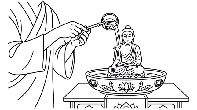 Line drawing of monk bathing Buddha statue during ceremony.
