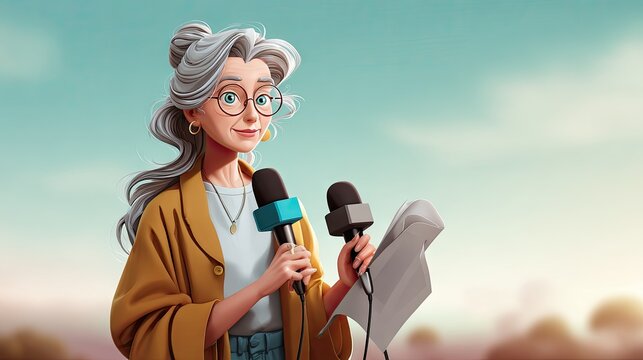 Mature woman presenter with microphones