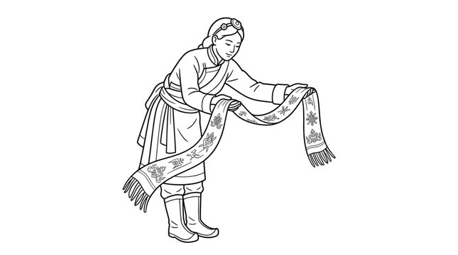 Tibetan woman holding traditional white Khata ceremonial scarf.