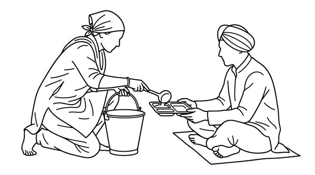 Woman serving traditional food to man in religious setting.