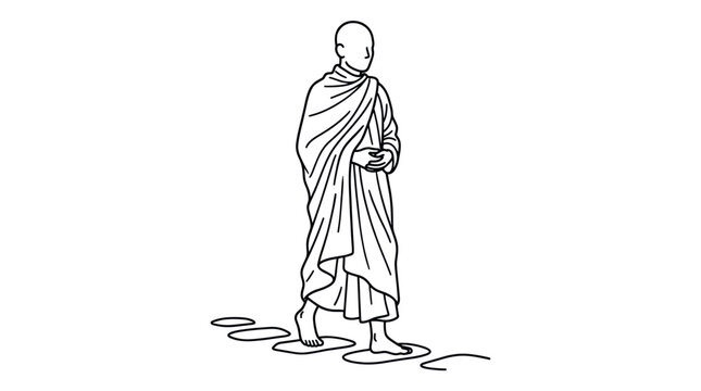 Buddhist monk in robes walking mindfully on path.