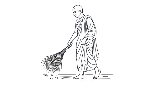 Buddhist monk sweeping ground with broom as mindfulness task.