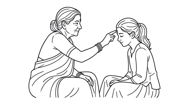 Elder woman applying tilak on younger woman's forehead