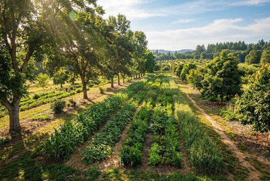 Sustainable land use showing vegetables planted under tall tree canopies