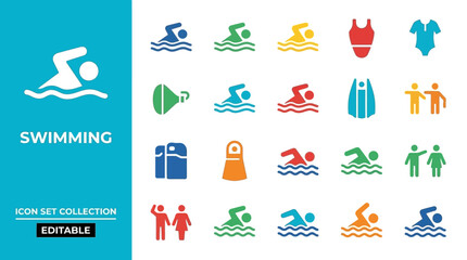 Swimming icon set with athletes and gear symbols © Royal Studio
