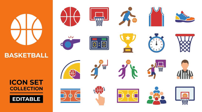 Basketball tournament flat icons with equipment and players