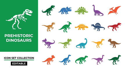 Colorful set of prehistoric dinosaur icons and fossil skeleton © Royal Studio