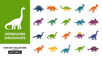 Colorful herbivore dinosaur icon set featuring various species © Royal Studio