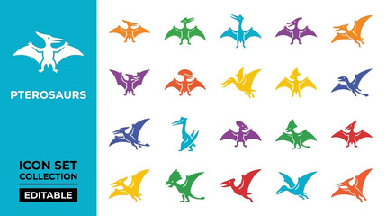 Colorful pterosaur icon collection with prehistoric flying reptiles © Royal Studio