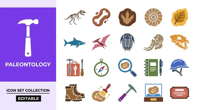 Paleontology icon set with dinosaur fossils and archaeology tools