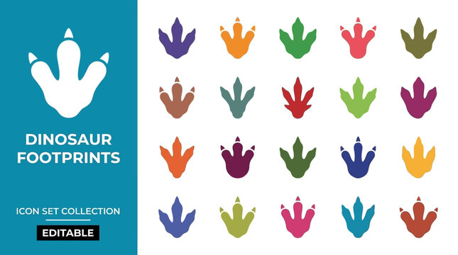 Colorful dinosaur footprint icon set for prehistoric designs