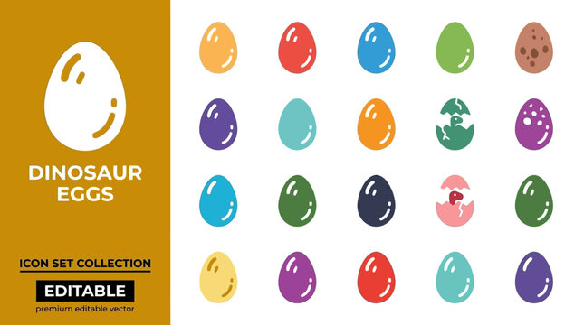 Colorful dinosaur egg icon set with hatching prehistoric creatures
