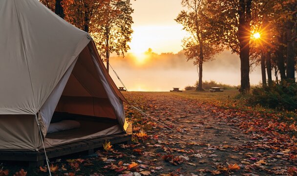 Camping tent by a tranquil lake at sunrise during the beautiful autumn fall season