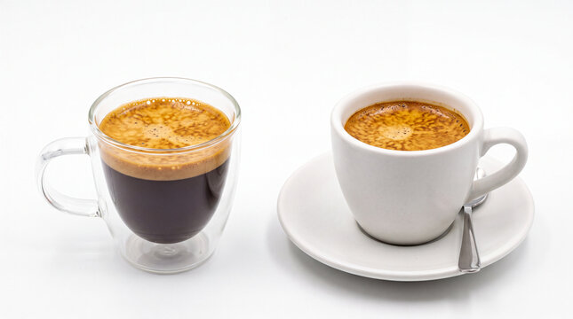 Business espresso set with glass and white ceramic demitasse cups showing rich golden tiger crema, isolated on pure white background, corporate productivity concept.
