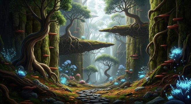 Magical fantasy forest path with glowing bioluminescent plants