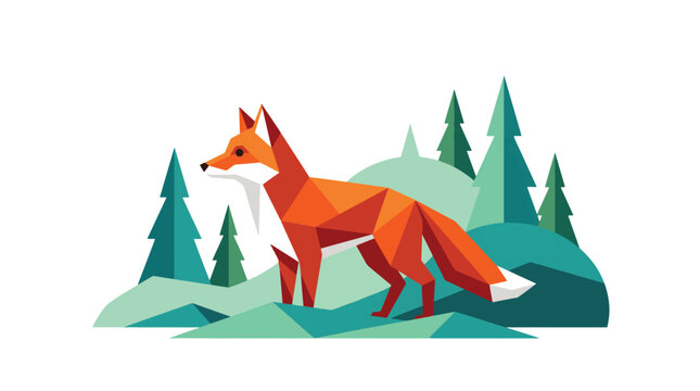 Geometric low poly fox standing in a stylized forest with pine trees and rolling hills