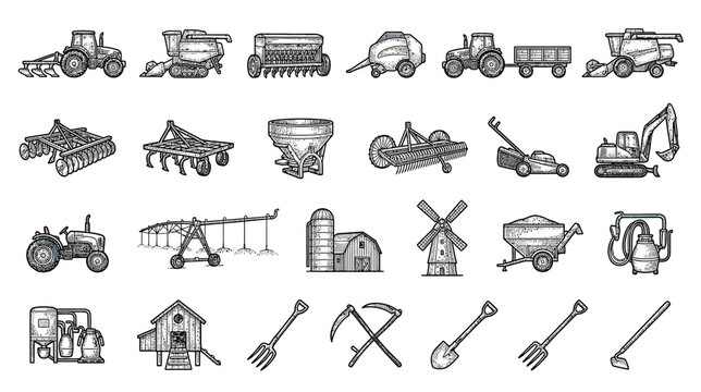 Vintage Farming Equipment Collection Hand Drawn Style