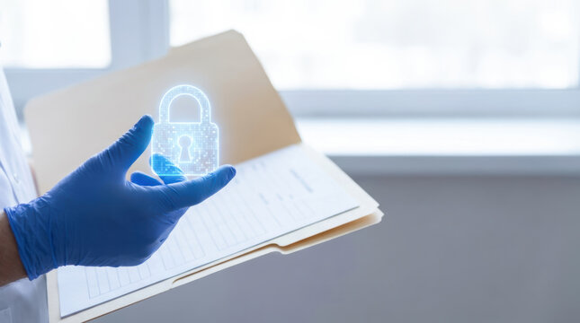 Medical data privacy, glove hand hold digital lock over folder in bright office
