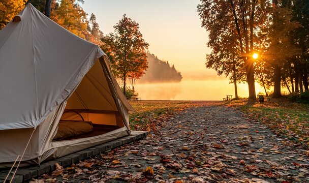 Tent for camping in a golden autumn forest by a misty lake at peaceful sunrise