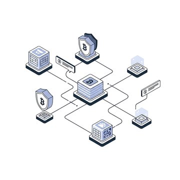 Isometric blockchain network diagram with interconnected nodes and security shields representing cryptocurrency and data exchange