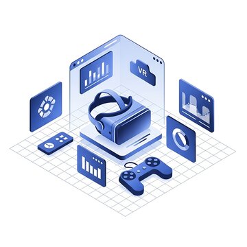 Isometric illustration of a VR headset surrounded by various data visualization screens and controllers representing virtual reality technology and gaming