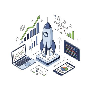 Isometric illustration of a rocket launching surrounded by various business and technology graphics like charts graphs and devices representing startup growth and data analysis