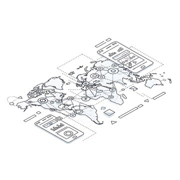 Global network connection with world map and mobile phones showing data visualization and communication across continents