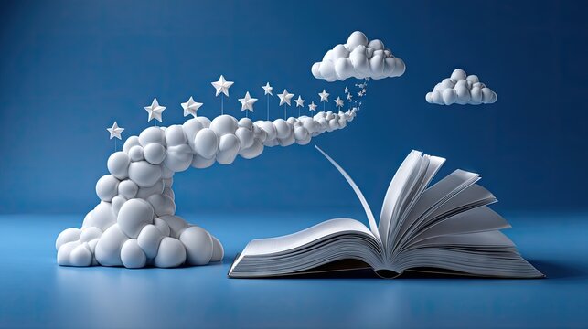 Open book with celestial clouds and stars