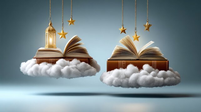 Open books on floating clouds with golden lantern and stars