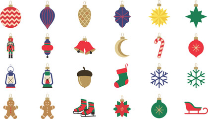Christmas tree ornament flat vector icon set featuring hanging baubles nutcracker bells stars snowflake stocking and gingerbread man elements © Prodip