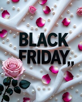 Black friday sale banner with pink rose and pearls on white fabric