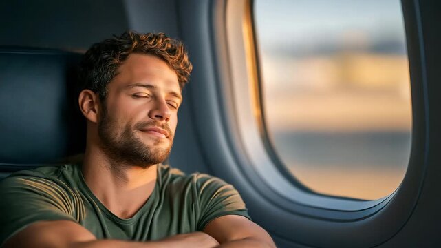 Tired traveler resting head on airplane window
