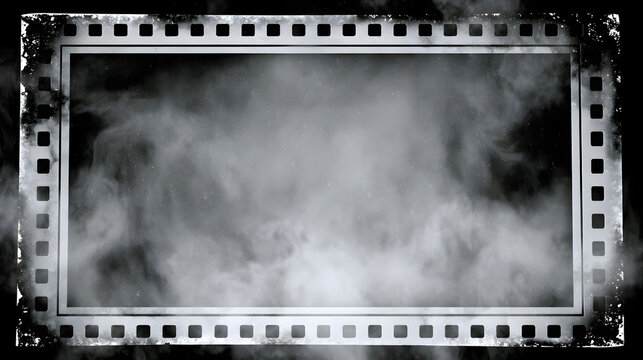 A distressed black and white vintage film frame in a 16:9 PNG format, filled with smoke and fog, isolated on a transparent background for use in retro cinematic video editing