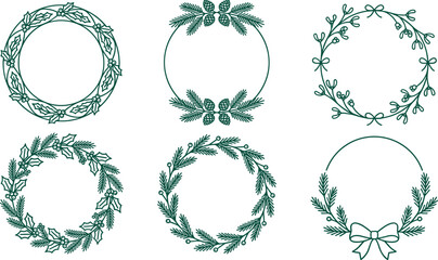 Obraz premium Christmas wreath linear vector set with winter pine branches holly berries and mistletoe frames isolated on white background