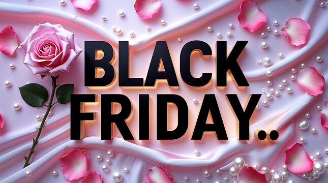Black friday sale banner with a pink rose and pearls on silk fabric