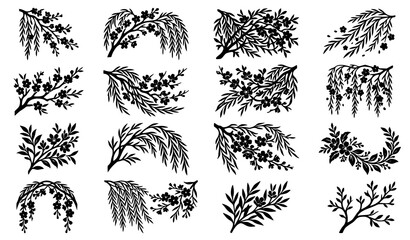 Fototapeta premium Weeping Willow and Cherry Blossom Tree Branch Silhouette Set Featuring Floral Twigs Leaves and Botanical Sprigs for Asian Oriental Landscape Graphic Designs