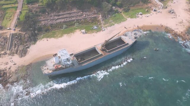 Aerial view of RK Beach, Bheemunipatnam Beach, Natural rock arch, Tenneti Park, MV MAA Ship, Visakhapatnam, India.