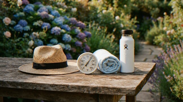 A straw hat, a round outdoor thermometer, a rolled towel, and a water bottle sit on a rustic wooden table in a blooming summer garden.