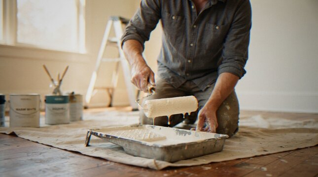 A man in a casual shirt kneels on a drop cloth while using a paint roller and tray to paint a room in his home.