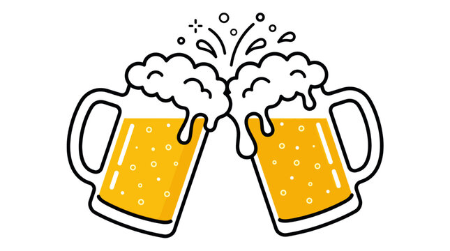 Two clinking beer mugs with foam and bubbles.