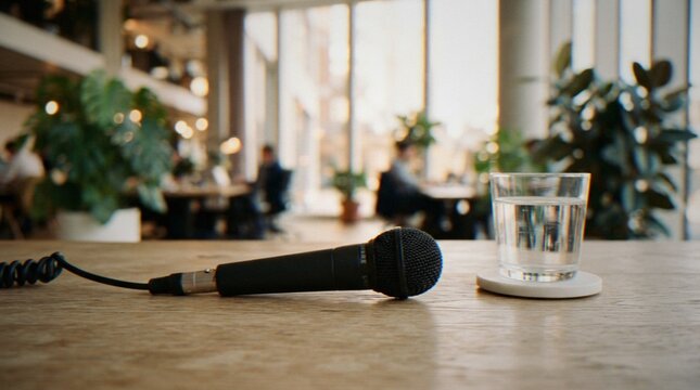 A close-up shot of a black microphone lying on a wooden desk next to a glass of water in a blurred modern office setting.